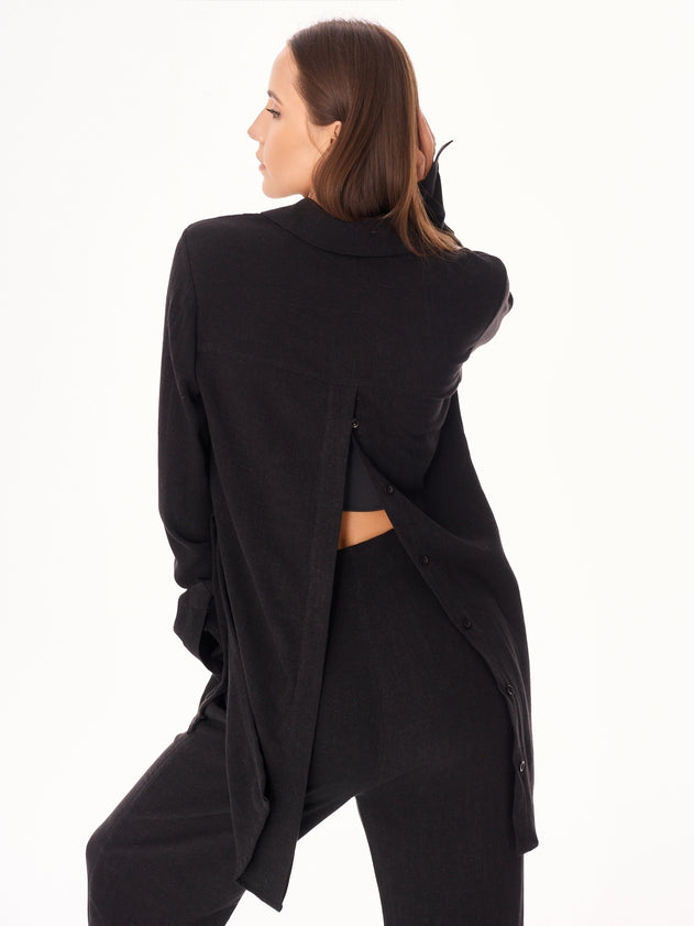 Ora Viscose and Linen Oversized Open Back Shirt Black