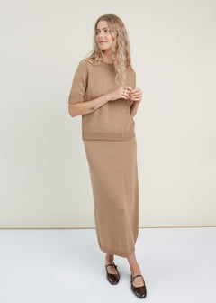 Merino Wool Two Piece Set with Top & Skirt Camel