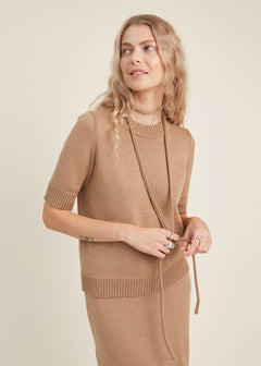Merino Wool Two Piece Set with Top & Skirt Camel