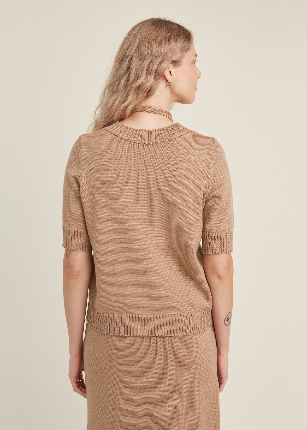 Monala camel merino knitted top, back view