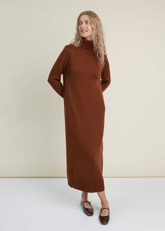 Turtleneck Knitted Merino Wool Sweater Dress Chocolate