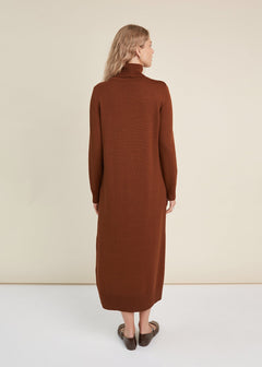 Turtleneck Knitted Merino Wool Sweater Dress Chocolate