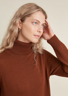 Turtleneck Knitted Merino Wool Sweater Dress Chocolate