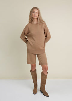 Crew Neck Merino Wool Knitted Sweater Camel