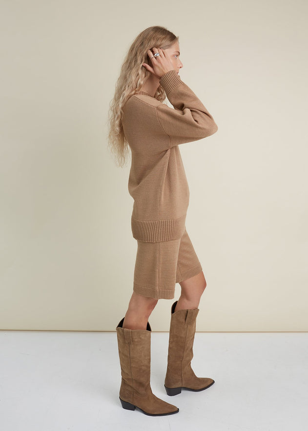 Crew Neck Merino Wool Knitted Sweater Camel