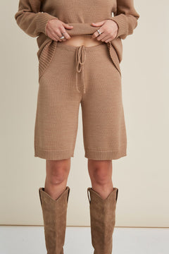 Knitted Merino Wool Oversized Sweater & Shorts Set Camel