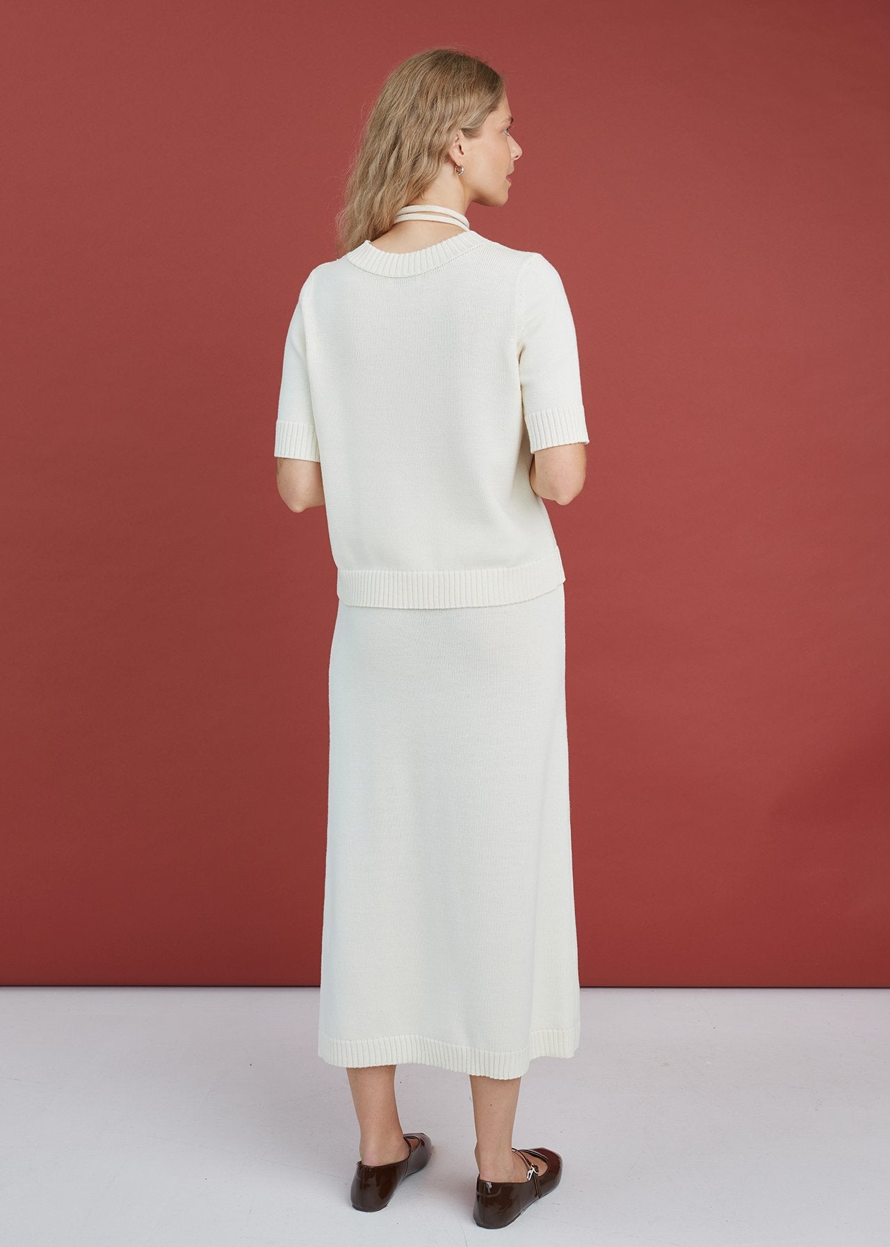 Monala natural white merino knitted top, back view