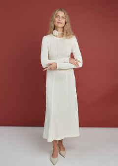 Knitted Merino Wool A-line Midi Dress Natural White