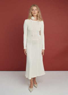 Knitted Merino Wool A-line Midi Dress Natural White