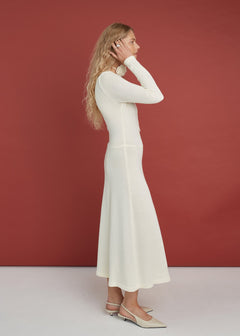 Knitted Merino Wool A-line Midi Dress Natural White