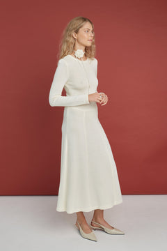 Knitted Merino Wool A-line Midi Dress Natural White