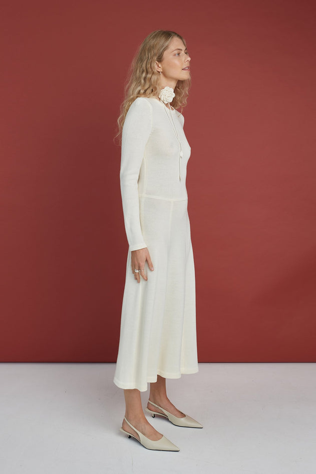 Knitted Merino Wool A-line Midi Dress Natural White