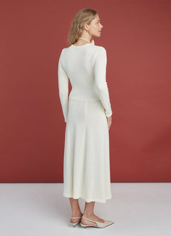 Knitted Merino Wool A-line Midi Dress Natural White