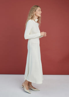 Knitted Merino Wool A-line Midi Dress Natural White