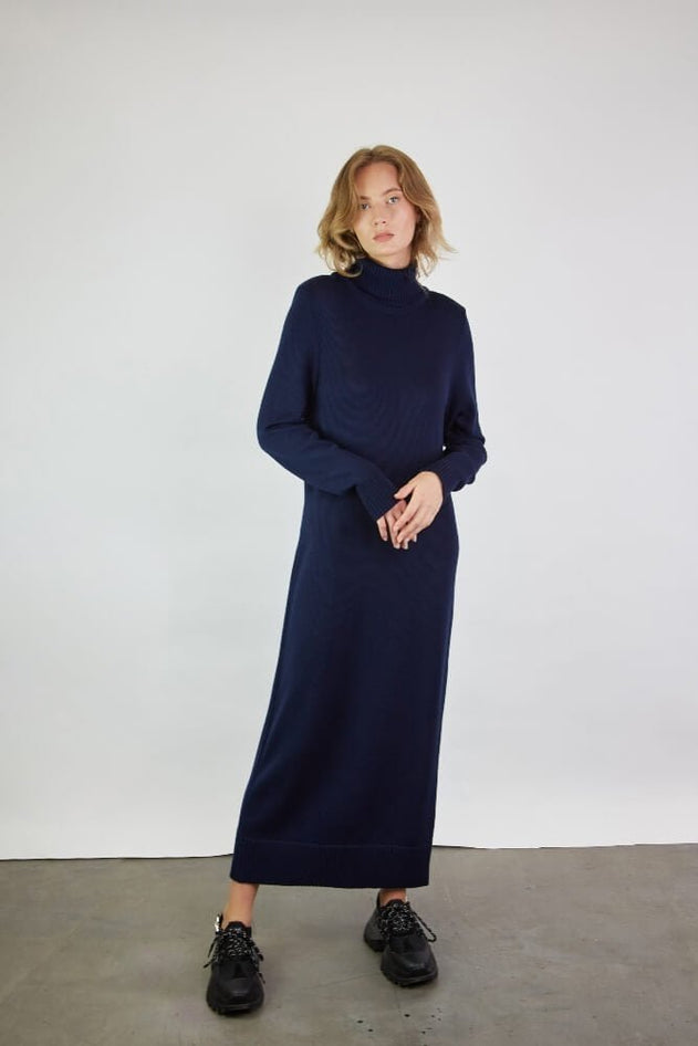 Turtleneck Knitted Merino Wool Sweater Dress Dark Blue