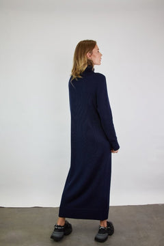 Turtleneck Knitted Merino Wool Sweater Dress Dark Blue