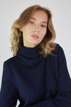 Turtleneck Knitted Merino Wool Sweater Dress Dark Blue