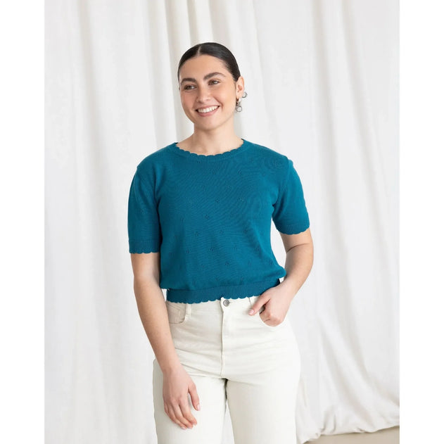 Short Sleeve Knit Sweater Ocean Blue
