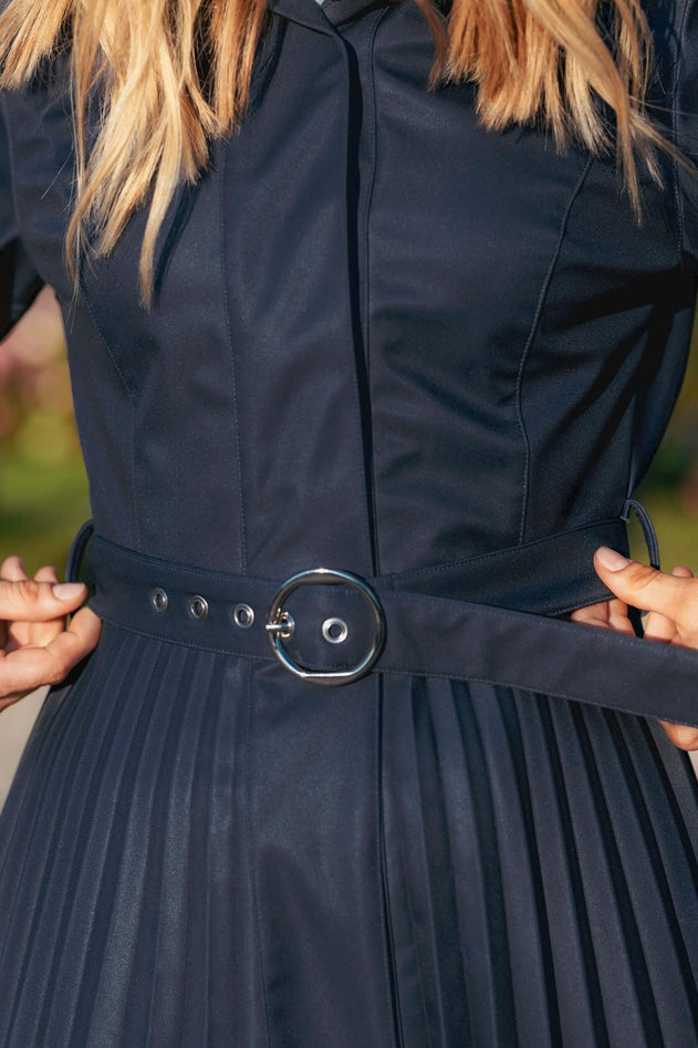 Fit and Flare Blue Women’s A-Line Coat with Pleated Skirt | Blue Serenade