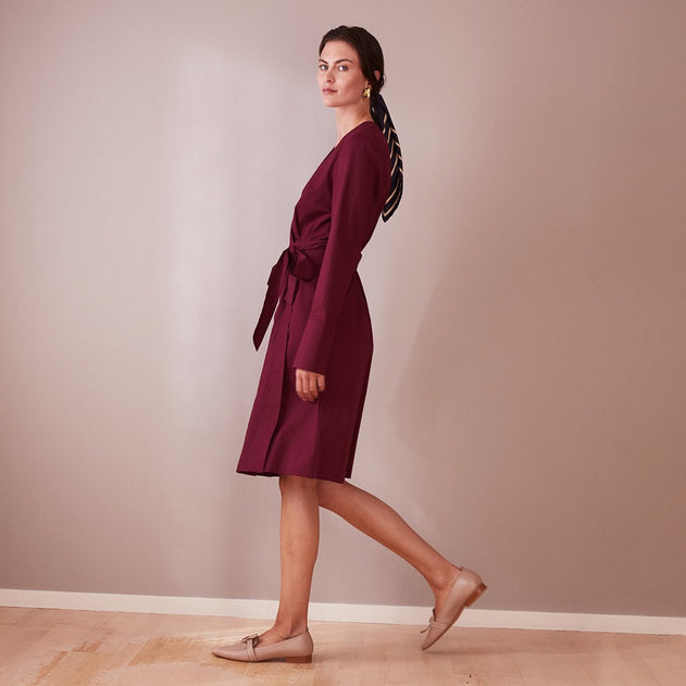 Knee Length Wrap Dress Wine Red