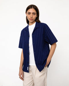 Bowling Shirt Seersucker Navy Pinstripe
