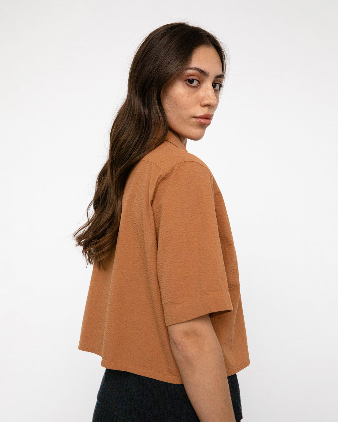 Cropped Bowling Shirt Caramel Brown
