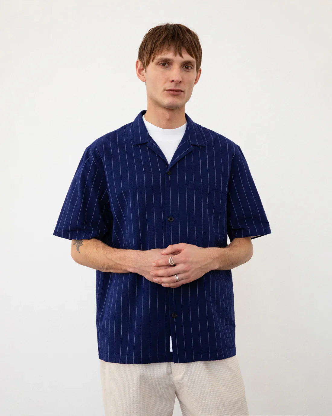 Bowling Shirt Seersucker Navy Pinstripe