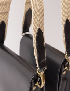 Herringbone Webbing Strap Sand & Black Classic Leather