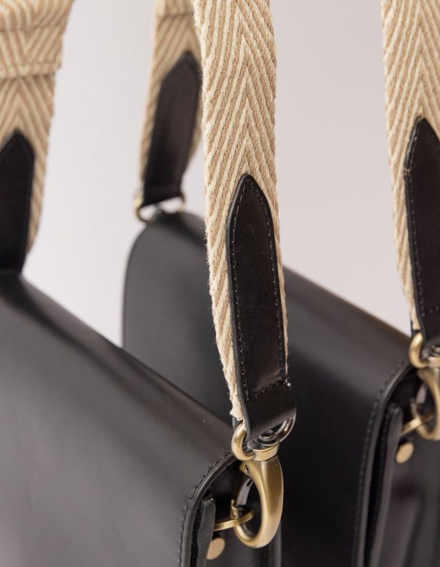 Herringbone Webbing Strap Sand & Black Classic Leather