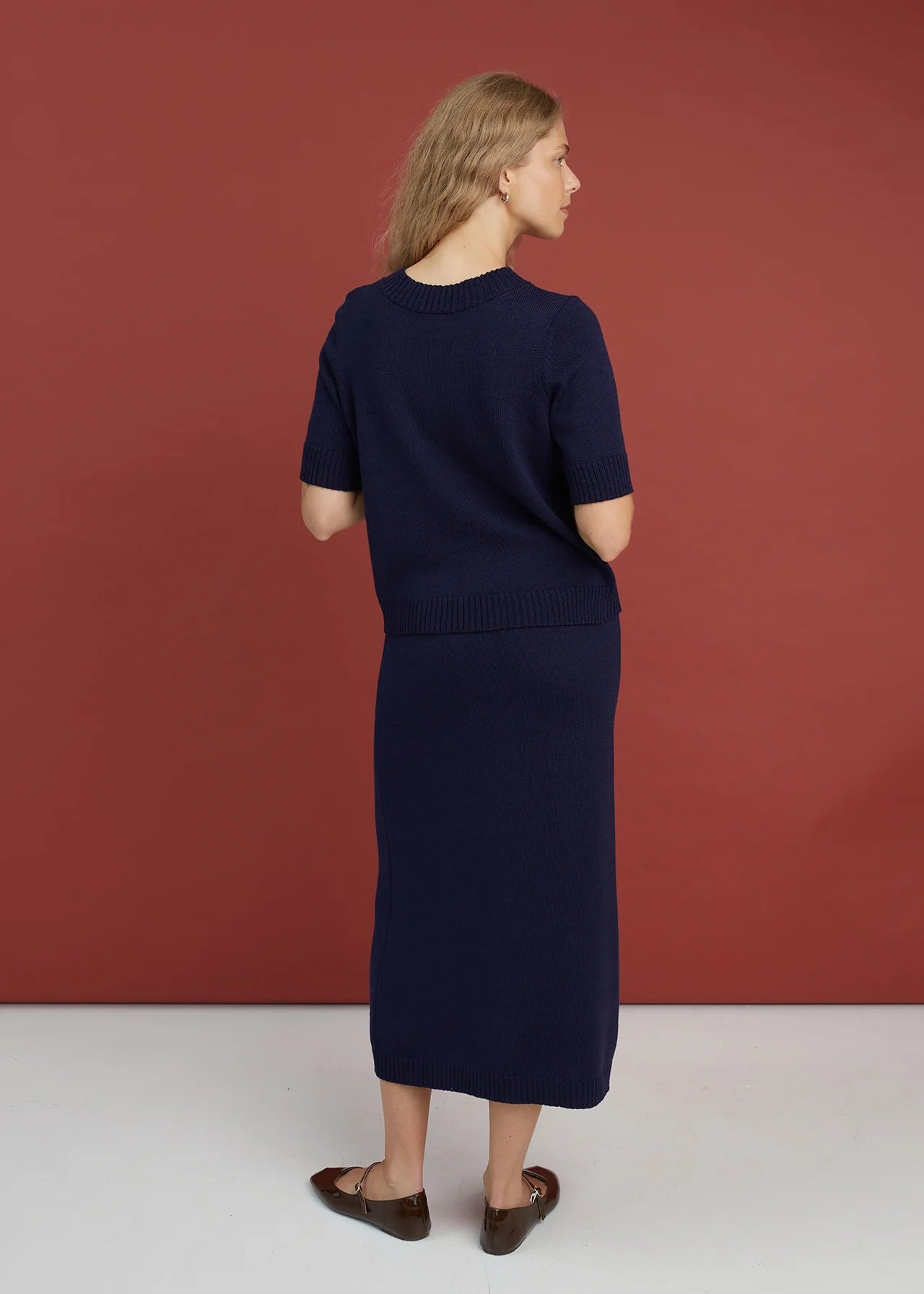 Monala dark blue merino knitted top, back view