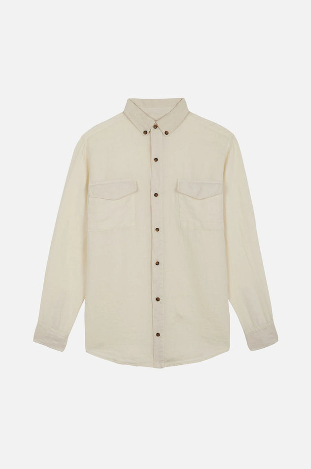 Beige shirt with button details on a white background
