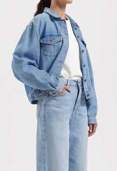 Person wearing a light blue denim jacket and jeans on a white background