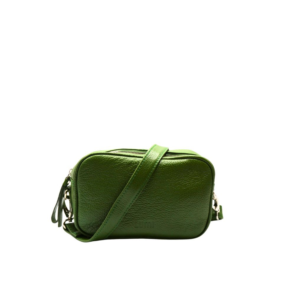 Green leather crossbody bag on a white background