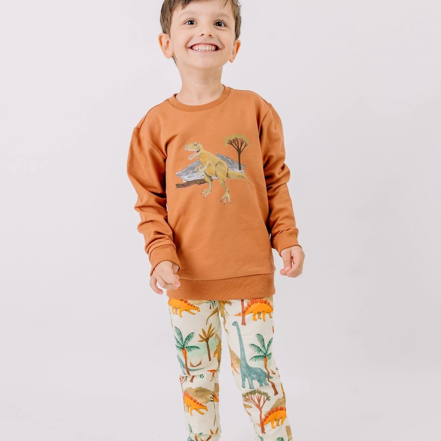 Child wearing a brown sweatshirt with dinosaur design and patterned pants on a light gray background