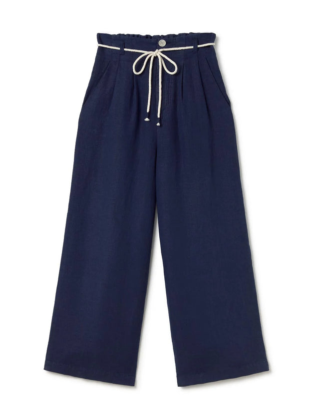 Navy blue wide-leg pants with a white drawstring on a white background