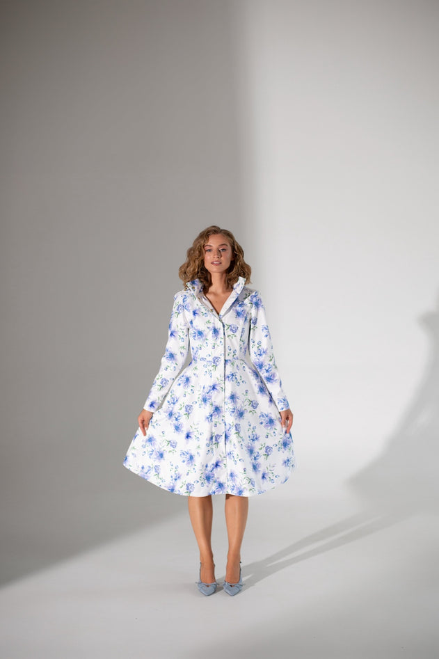 Fit and Flare Raincoat with A-Line Hem Floral White
