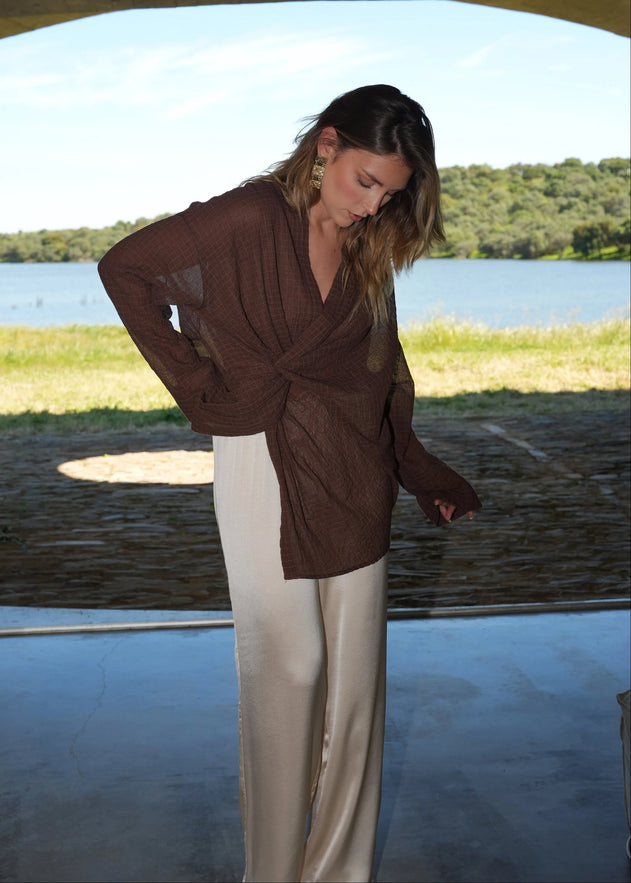 Esme Draped Twist Pusero Brown Check