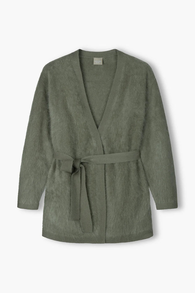 Light olive green belted cashmere cardigan, back view