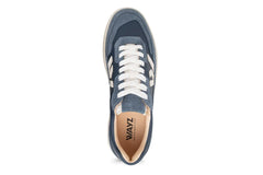 Navy blue sneaker with white laces on a white background