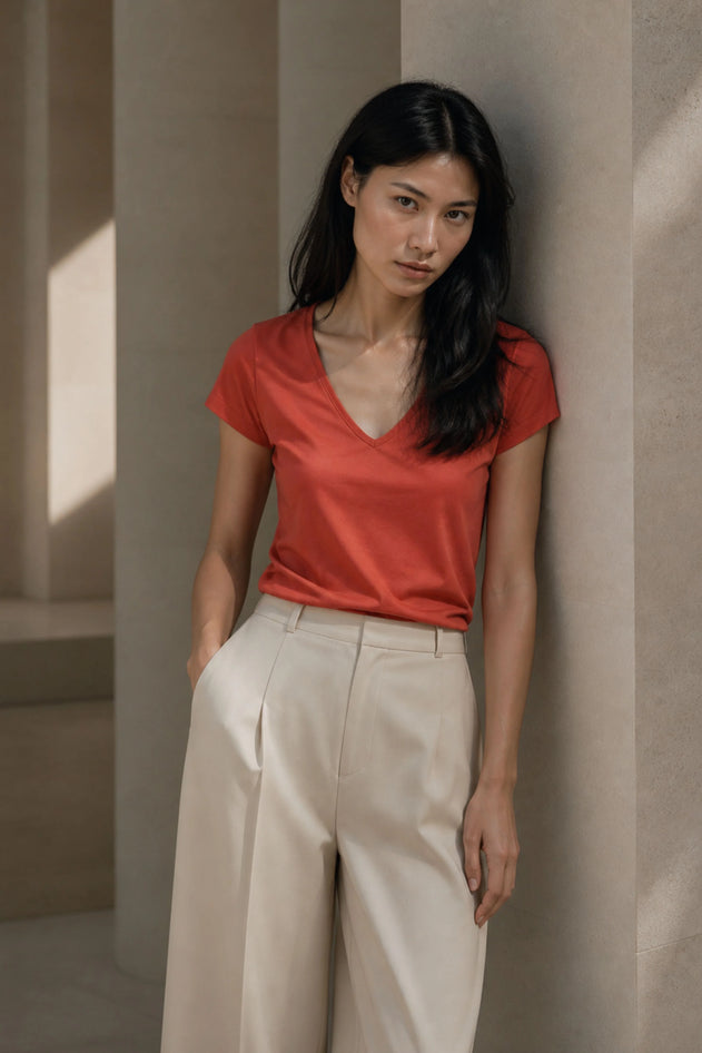 Woman wearing a red shirt and beige pants against a neutral wall.