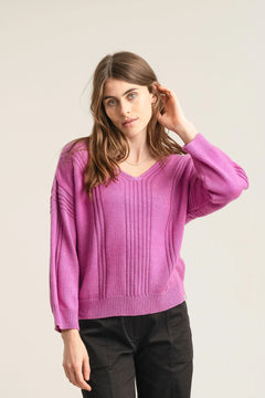 Fuchsia pink merino wool V-neck jumper, front view