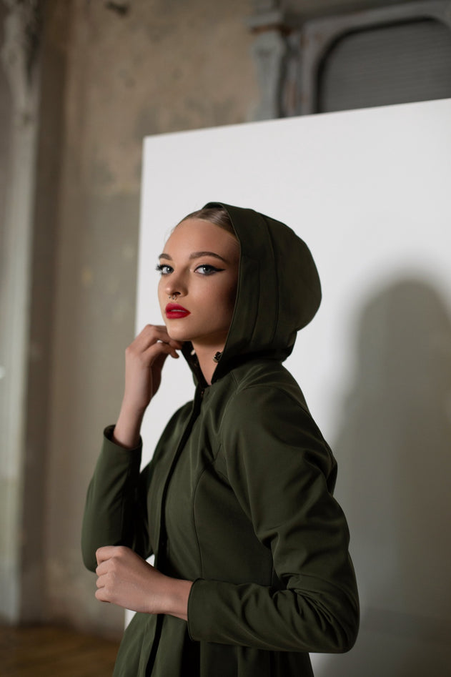 Fit and Flare Raincoat with Pleated Hem Moss Green