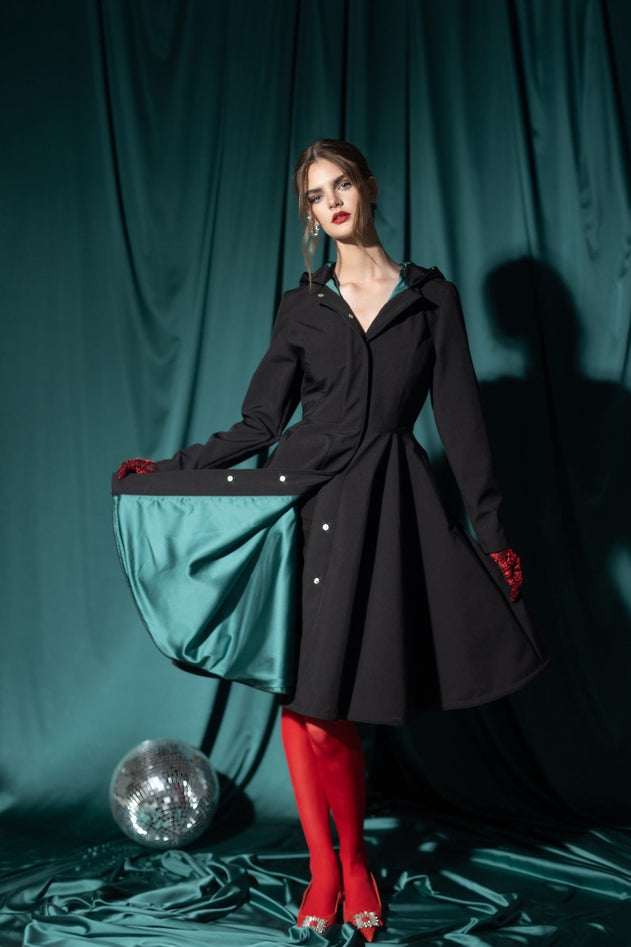 Fit and Flare Raincoat with Full Circle Hem Black / Deep Emerald