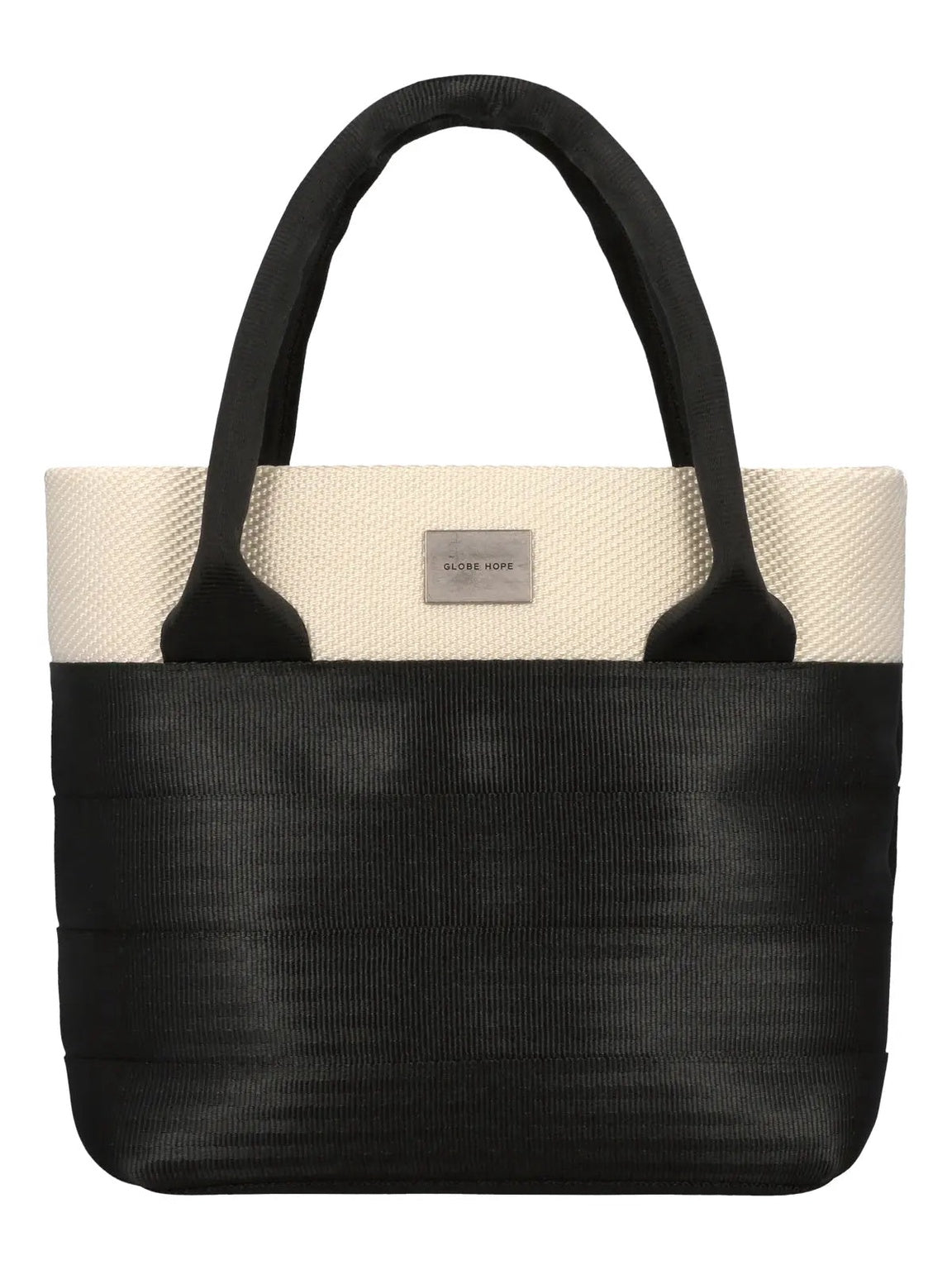 Black and beige tote bag with a visible brand label on a white background