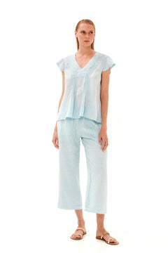 Pleated Detail  Linen Blouse with V Neck