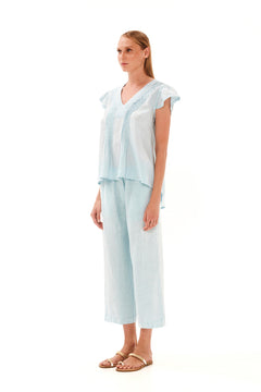 Pleated Detail  Linen Blouse with V Neck