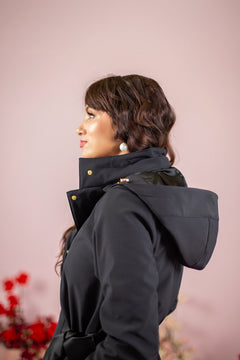 Double Breasted Coat with Trapeze Cut with a Bow Black