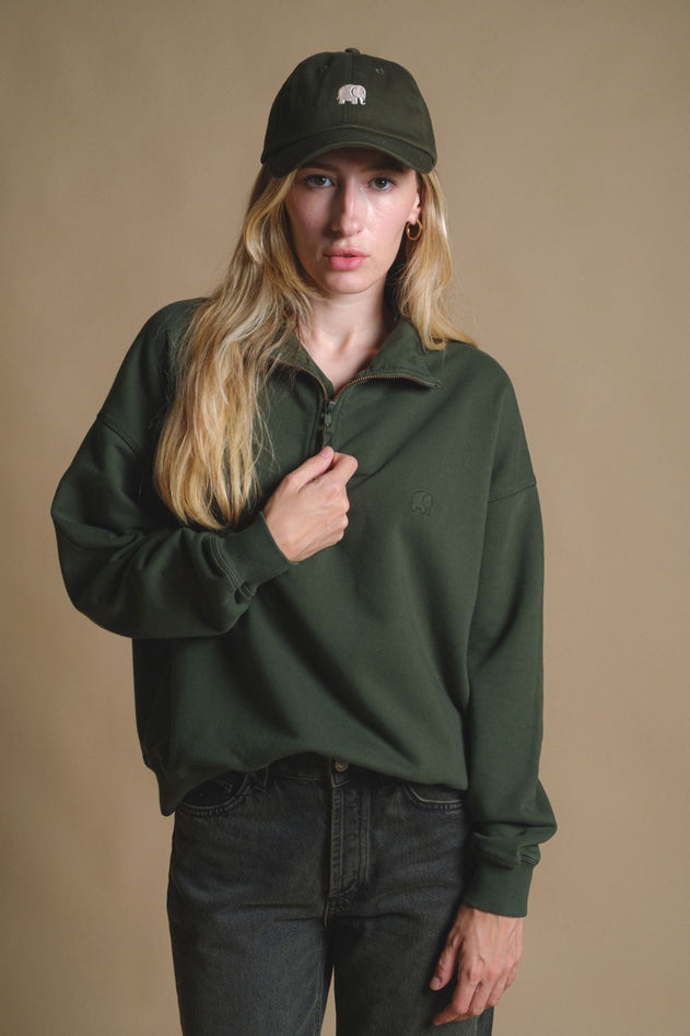 Women's Essential Garment Heavyweight Oversized Quater Zip Sweater Kombu Green