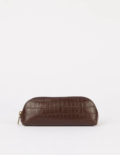 Pencil Case Large Chocolate Croco Print Leather