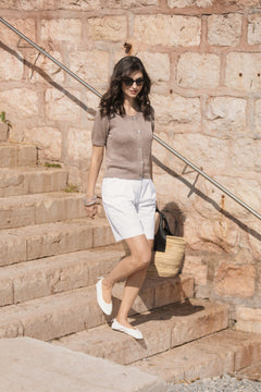 Short Sleeve Linen Blend Cardigan Greige